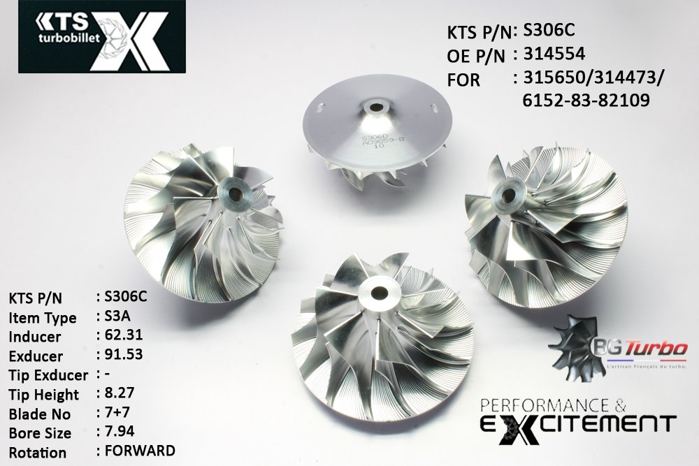 Turbo ROUE FORGÉE MFS PERFORMANCE - 7+7 PALES - INDUCER : 62,31 - EXDUCER : 91,53 - TYPE : S3AANGLE : 65° - ROTATION : Forward - SUPER BACK : 8,38 - BORE SIZE : 7,94
